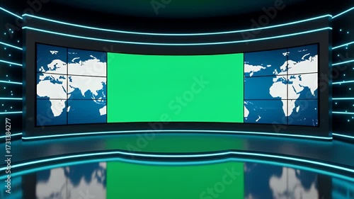 A modern virtual news studio with a central green screen and world map background, illuminated by blue neon lights.