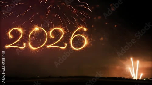 Bright glowing numbers 2026 formed by sparklers against a dark sky with vibrant red and gold fireworks explosions