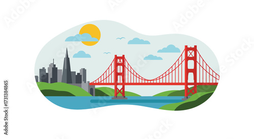 Flat vector illustration of the Golden Gate Bridge with the San Francisco skyline on a sunny day.