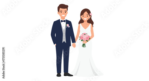 Happy cartoon wedding couple illustration of a smiling bride and groom holding hands.