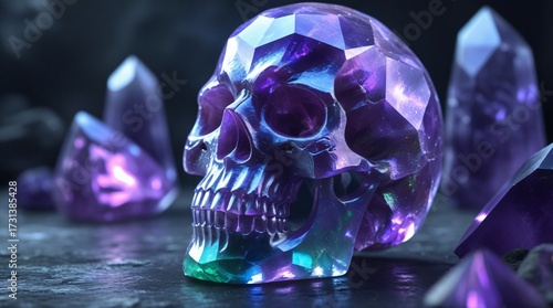 macro 3d texture of glowing crystal skull surface, shimmering facets, eerie mystical reflections