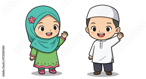 Happy Muslim Cartoon Children Waving Boy in Kufi and Girl in Hijab.