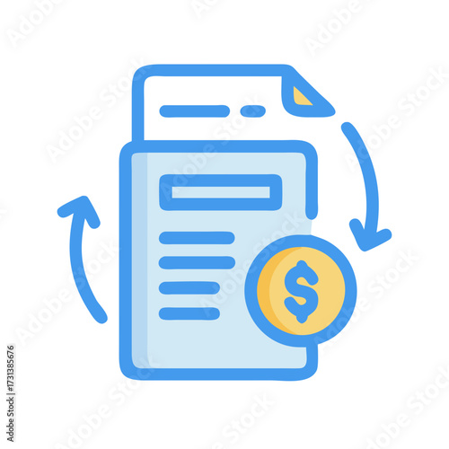Blue payment document with dollar coin surrounded by arrows
