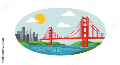 Iconic Golden Gate Bridge spanning a bay with city skyline and sailboats.