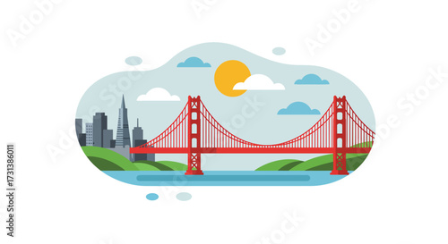 Iconic Golden Gate Bridge with San Francisco Skyline Illustration.