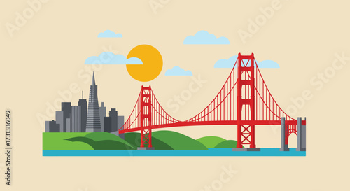 Iconic Golden Gate Bridge with San Francisco Skyline and Sun.