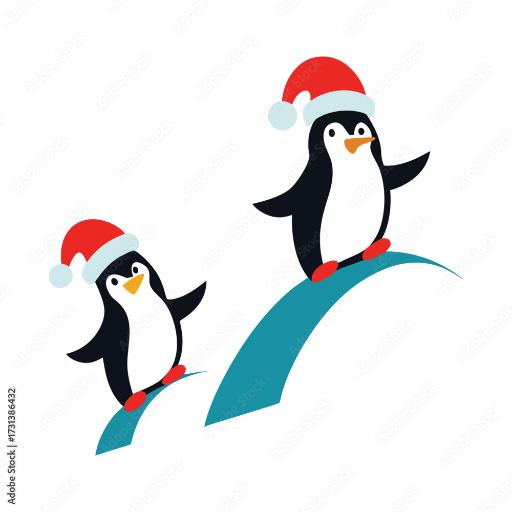 Obraz premium Penguins Sliding Down Snowy Hills in Christmas Hats Vector Illustration