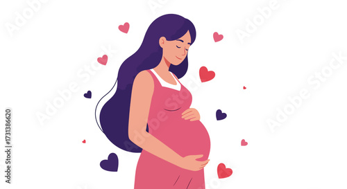 Pregnant Woman Embracing Her Belly Surrounded by Hearts.