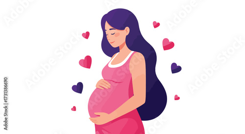 Pregnant Woman with Long Dark Hair and Pink Dress Surrounded by Hearts.