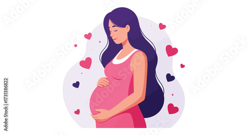 Serene pregnant woman with closed eyes and long hair cradling her baby bump surrounded by hearts.