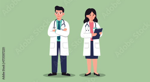 Two doctors in white coats with stethoscopes a male and female medical professional.