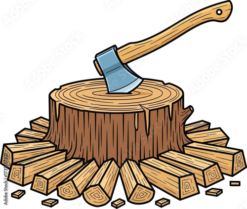 Cartoon Axe on Tree Stump with Chopped Firewood Illustration

