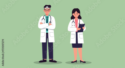 Two doctors in white coats with stethoscopes and medical instruments.