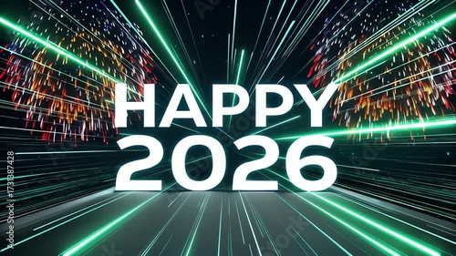 Happy 2026 text illuminated with bright green light streaks and stars in a dark futuristic tunnel