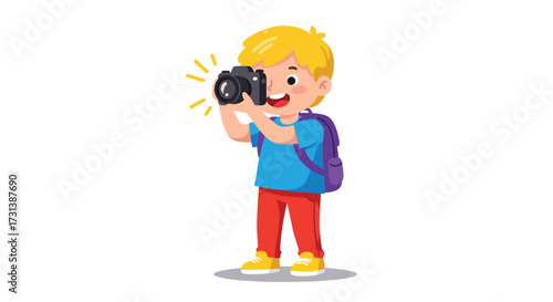 Young boy with blonde hair holding a camera and wearing a backpack.