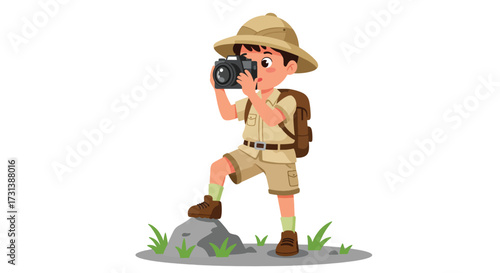 Young Explorer Boy with Camera on Safari Adventure.