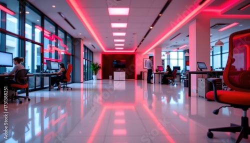 Fototapeta Naklejka Na Ścianę i Meble -  An interior space of a modern office environment with sleek furniture and illuminated accents, giving off a high tech vibe.