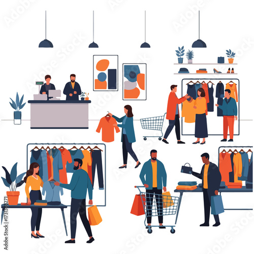 An illustration of a busy clothing store with customers shopping, browsing apparel on racks, and interacting with sales associates at the checkout.
