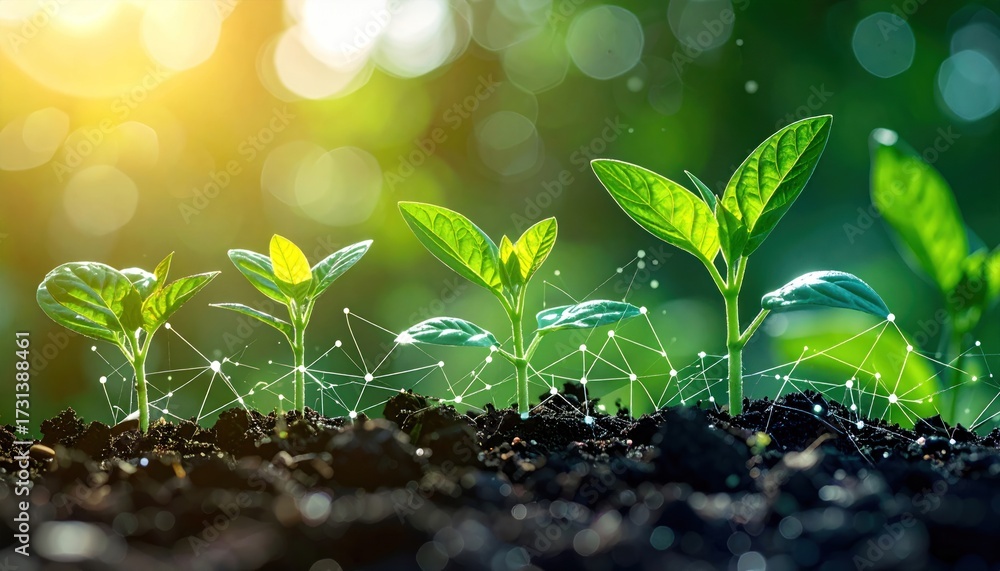 © Yuli1726 - agricultural technology futuristic and innovation background. Young plants or growing seeds