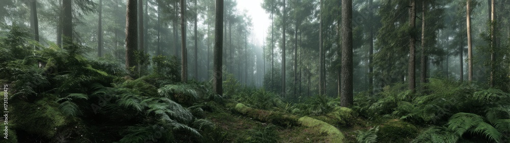 Obraz premium Misty forest exploration nature hdr panoramic view serene environment