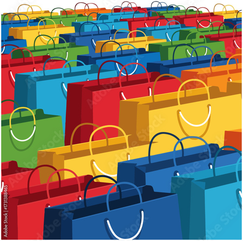 A vibrant illustration showcasing a multitude of colorful shopping bags, arranged closely together.