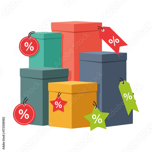Colorful gift boxes with discount tags, stacked together.