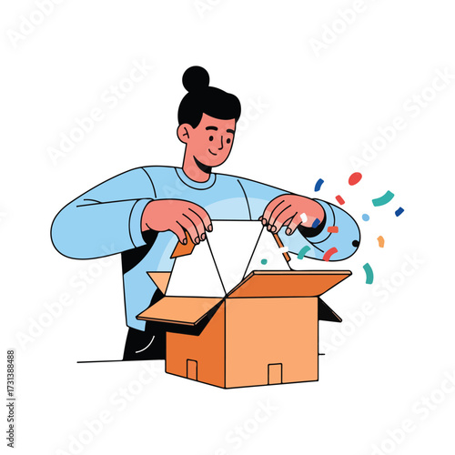 A cheerful person with a hair bun joyfully unboxes a surprise package with colorful confetti.