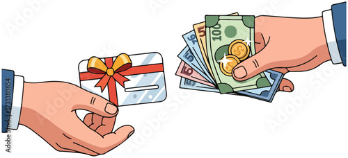 Two hands exchanging a gift card with a red bow for a stack of banknotes and gold coins.