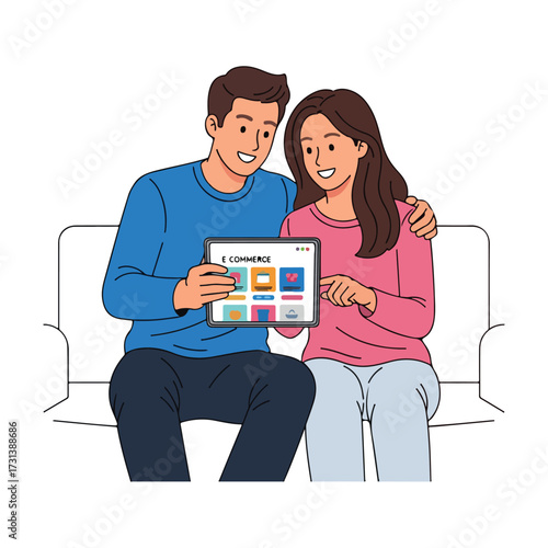 A happy young couple sits together on a sofa, shopping online and browsing an e-commerce website on a digital tablet.