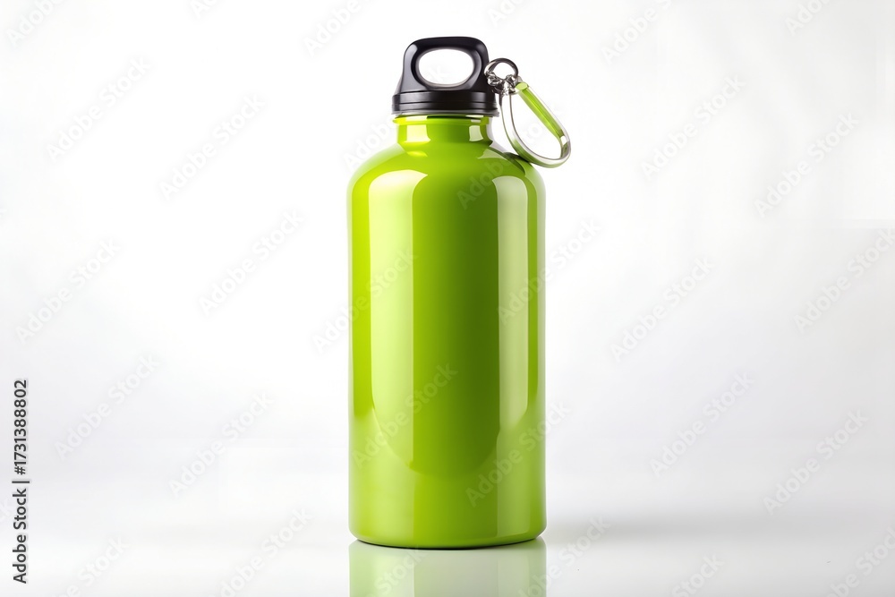 Obraz premium Green reusable water bottle isolated on white background, studio shot