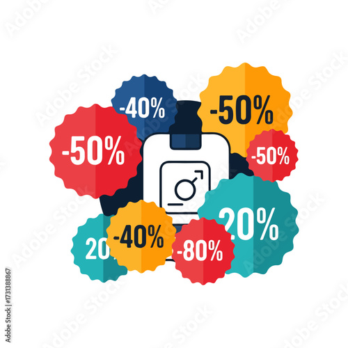Colorful discount percentage tags surrounding a product icon with a male gender symbol.