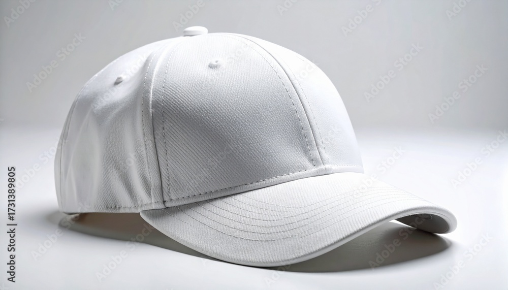 Fototapeta premium Clean, modern white baseball cap displayed on a minimalist studio background, perfect for custom branding and design mockups.
