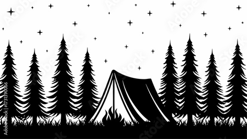 Silhouette of a camping scene with a tent and campfire surrounded by trees under a starry night sky design