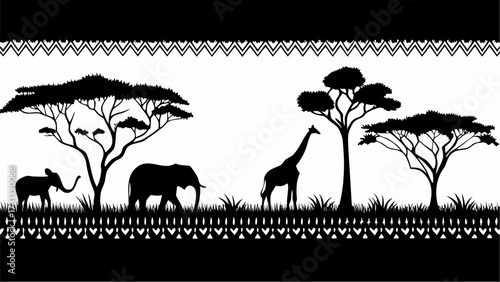 Silhouette of african savanna scene with elephants giraffe and trees with decorative borders at top and bottom