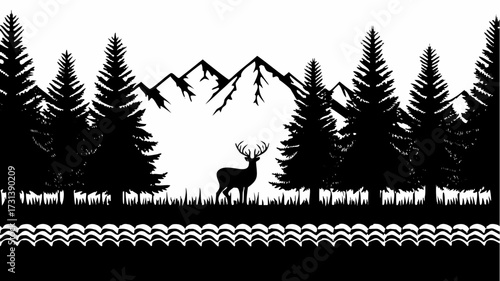 Silhouette of a deer standing in a forest with mountains and water waves in a black and white landscape