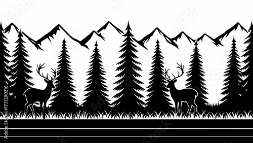 Black and white silhouette of deer in a forest with mountains and trees in the background scenery view