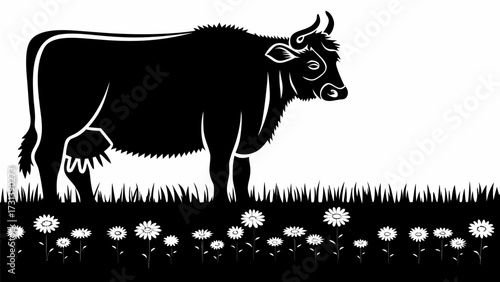 Silhouette of a cow standing in a field of grass and flowers in black and white illustration style