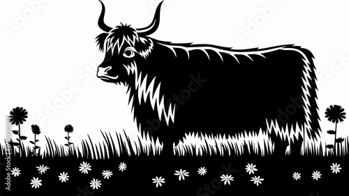 A black highland cow with long horns standing in a field of flowers and grass in a monochrome illustration silhouette