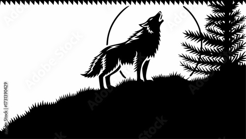 Silhouette of a howling wolf standing on a hill with a tree and moon against a white background with border
