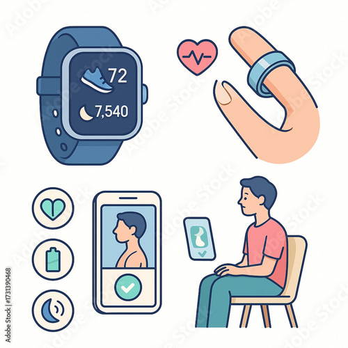 Health monitoring technology with smartwatch, app, and user in chair  