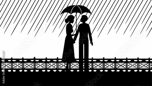 Silhouette of couple holding hands under umbrella in rain with decorative fence in foreground on white background