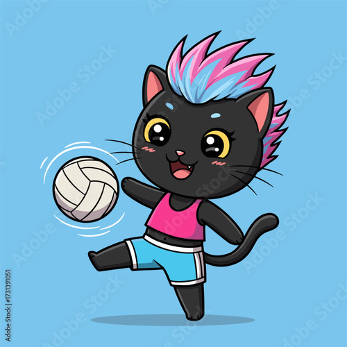 Cartoon black cat with mohawk, wearing sporty outfit, jumping to hit a volleyball. Fun and energetic black-and-white line art.