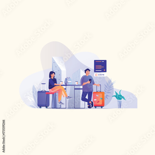 Illustration of a man and a woman waiting with luggage in a modern, stylized airport or travel lounge setting.
