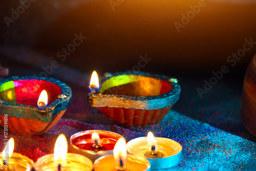 Happy Diwali. Deepavali Hindu festival of lights celebration. Clay diya candle. Oil lamp lit