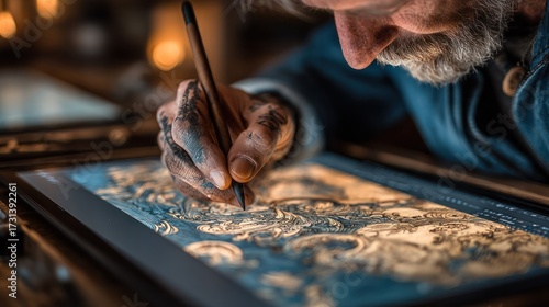 Close-up of a skilled artist painting detailed artwork on a digital drawing tablet using a stylus, focusing on craftsmanship and modern art creation techniques