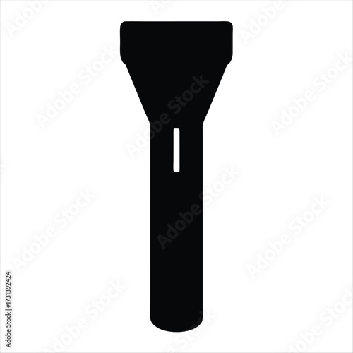 Isolated black silhouette of a flashlight on a white background shines light