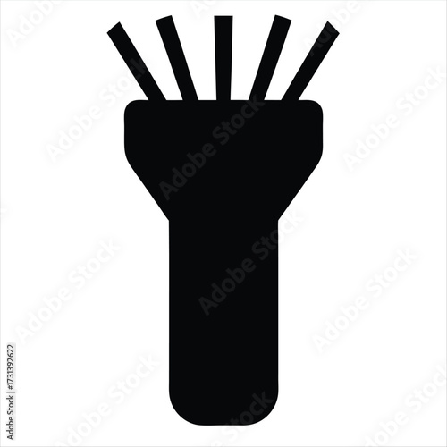 Black and white graphic of a handheld flashlight beaming light outwards