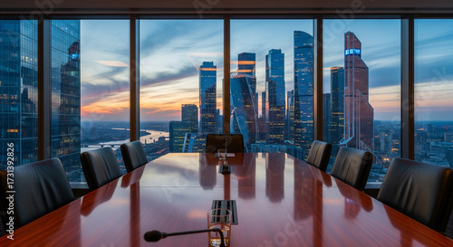 Point of view from the director’s chair at the head of a conference table, facing large floor-to-ceiling windows with a sweeping city skyline view from a skyscraper office.
