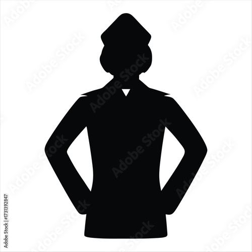 Black silhouette of a woman in uniform with hands on hips pose