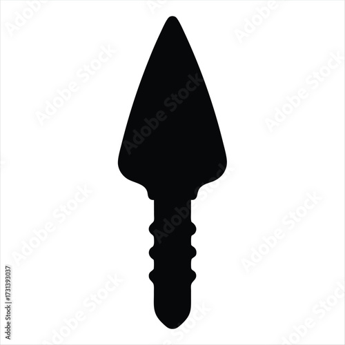 A bold minimalist black silhouette of a spearhead on white backdrop